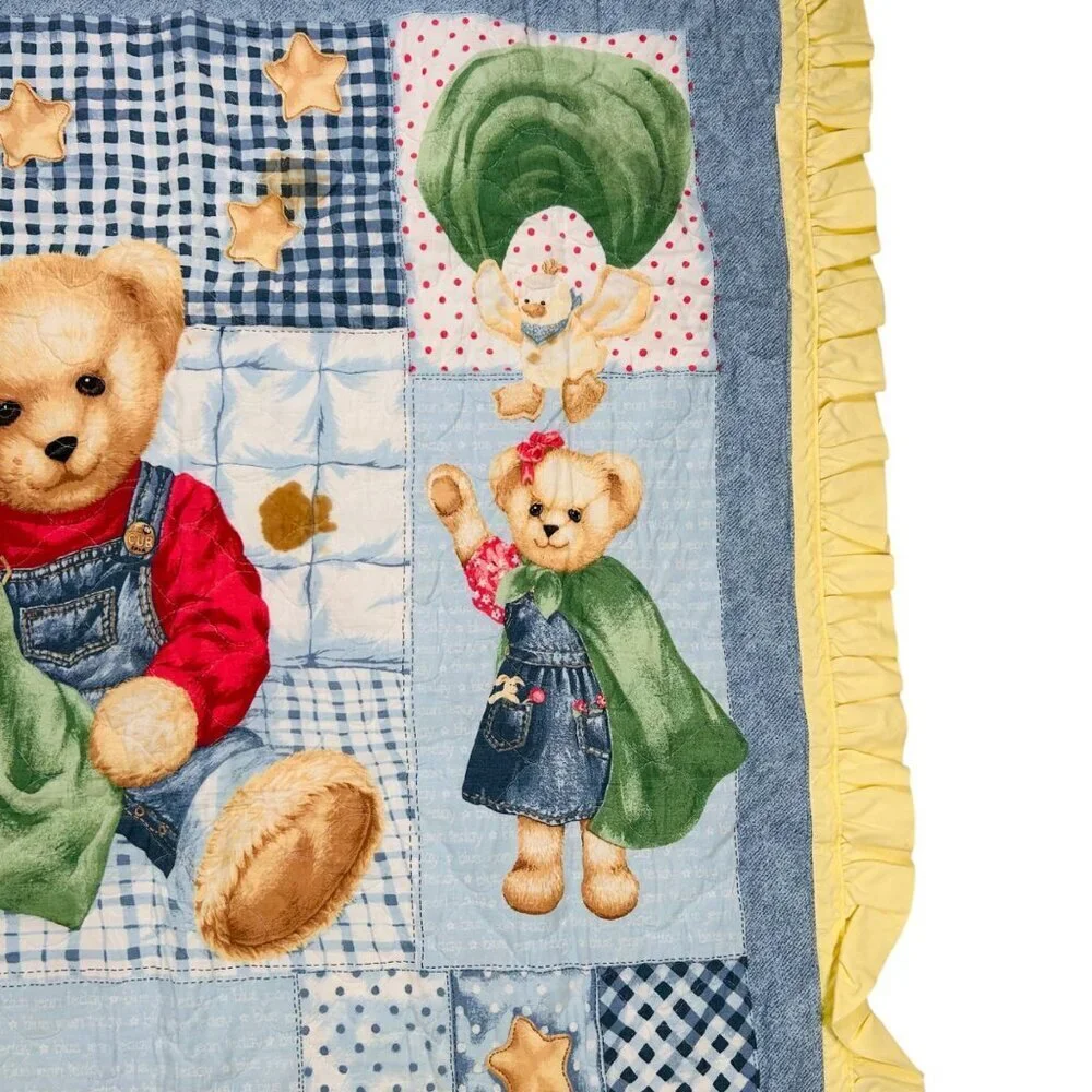 Vtg Blue Jean Teddy Bear Collection Baby Quilt Bedroom Collectible